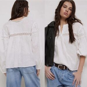 NWOT FREE PEOPLE WOMENS ELLA WHITE DOT BLOUSE BOHO LONG SLEEVE 100% COTTON LARGE